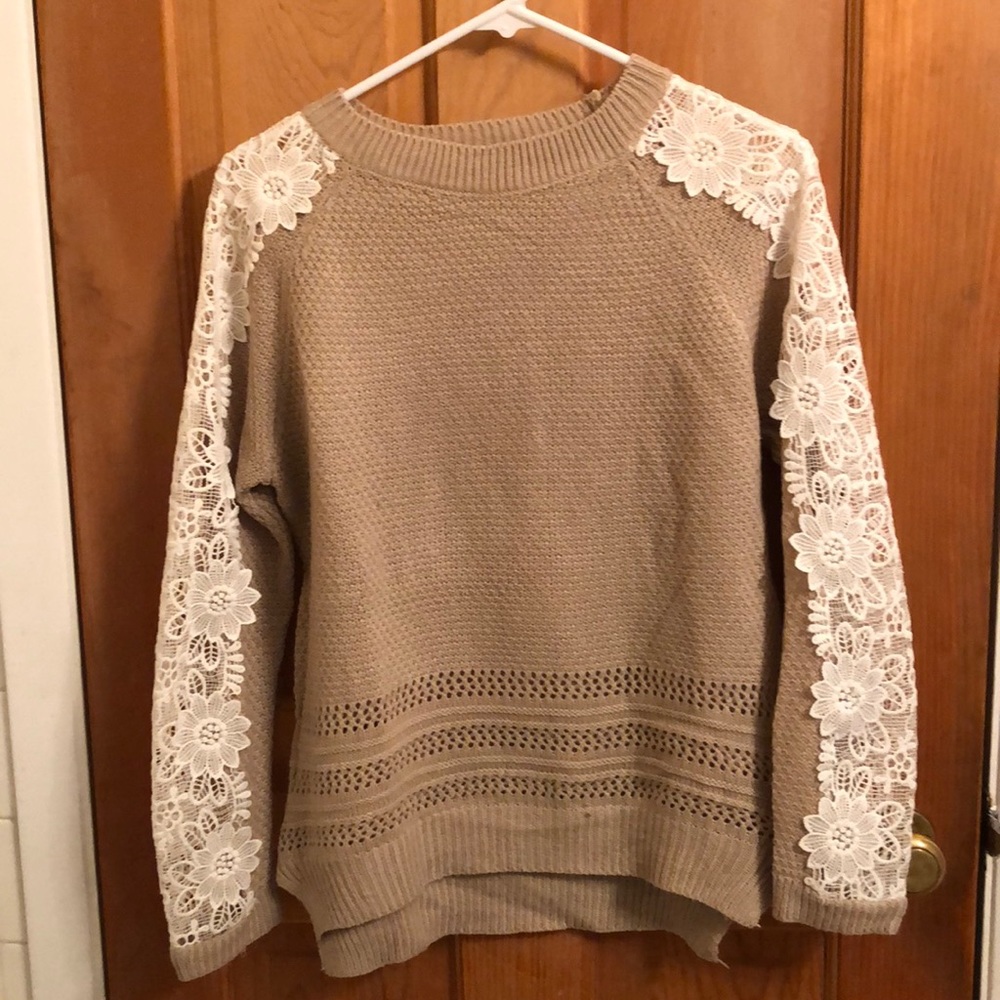 Tan sweater with lace sleeves